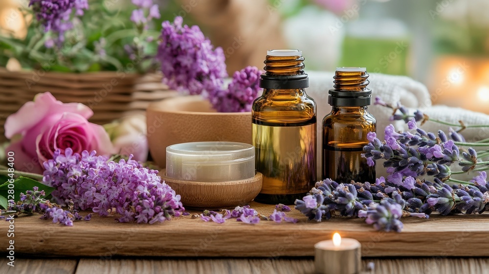A tranquil arrangement of essential oils and flowers, evoking relaxation and natural beauty. A tranquil arrangement of essential oils and flowers, evoking relaxation and natural beauty.