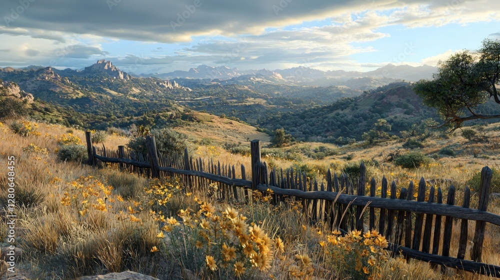 Fototapeta premium Serene Landscape with Rolling Hills and Fenced Pasture Under Dramatic Clouds and Vibrant Wildflowers in the Foreground