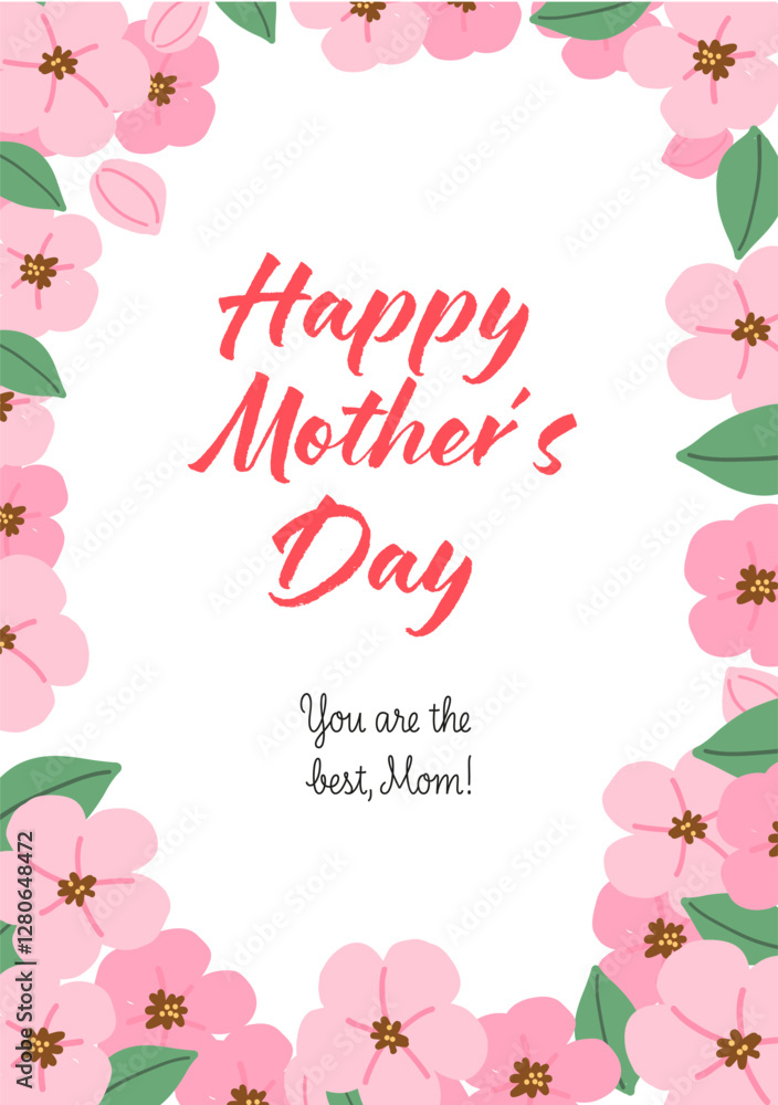 Happy Mother's Day. Colourful Floral Mother’s Day Card. Postcard with Hand Drawn Cherry Blossoms. Happy Mother's Day. Colourful Floral Mother’s Day Card. Postcard with Hand Drawn Cherry Blossoms.