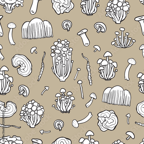 Fungus seamless pattern on beige background. Illustration of Shimeji, erinji, shitaki, cordyceps, turkey tail and lions mane. Hand drawn white medicinal mushrooms.