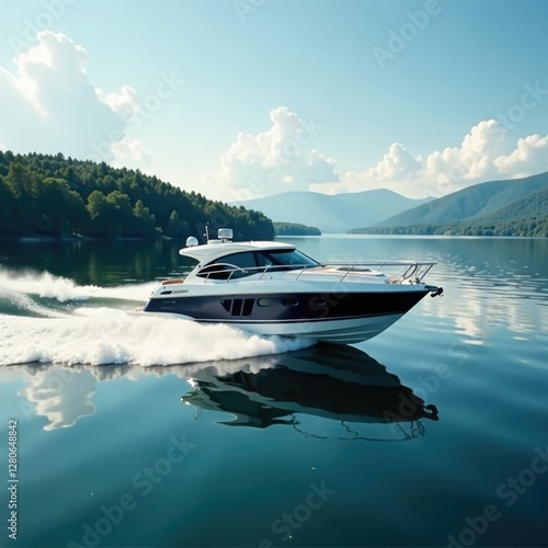 A sleek motor yacht speeding across the surface of a calm lake, lake, boats