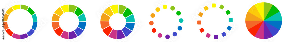 Obraz premium Colorful circular infographic elements set in gradient ring and radial pie chart styles for data visualization and design use. Vibrant circular chart design for data reports. Vector illustration 