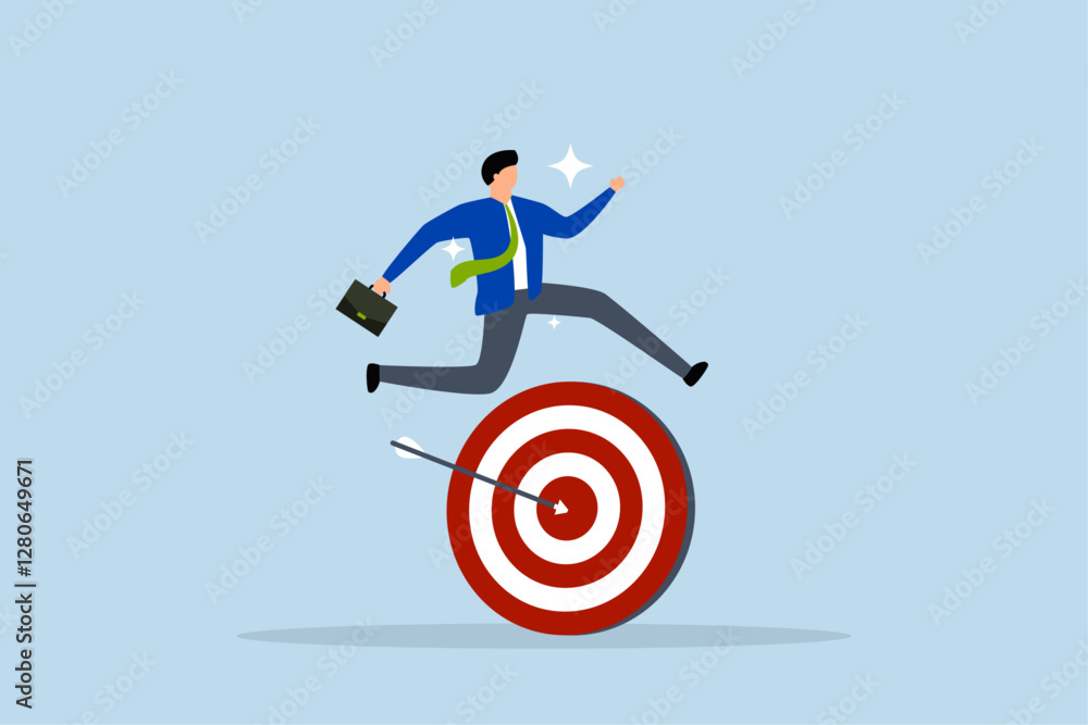 Achieve target, successful talented entrepreneur leaping across arrow striking bullseye goal. Achieve target, successful talented entrepreneur leaping across arrow striking bullseye goal.