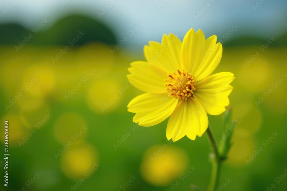 Obraz premium Bright yellow flower blooming on a stem in a field of ragwort, yellow, petals
