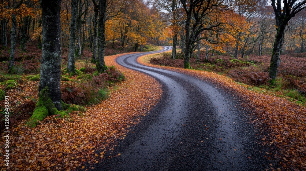 A winding road meanders through a picturesque forest adorned with vibrant autumn leaves. The serene atmosphere creates a perfect escape into nature's beauty A winding road meanders through a picturesque forest adorned with vibrant autumn leaves. The serene atmosphere creates a perfect escape into nature's beauty