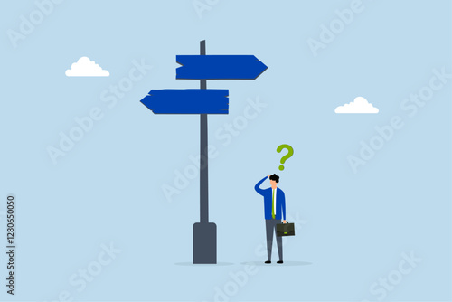 Choosing between 2 choices, businessman contemplating with question mark selecting between two paths with blank area. 