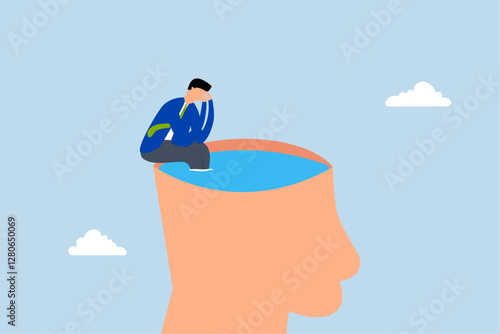 Psychology, contemplation thinking man climbing to sit on his brain.
