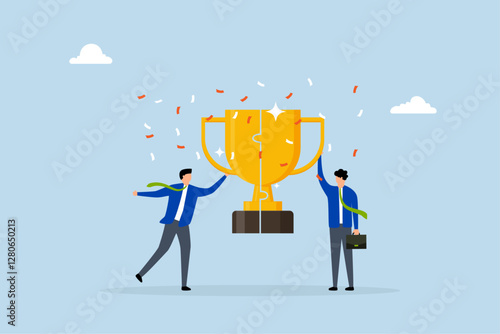 Win win situation, businessman connect trophy jigsaw piece to win together.