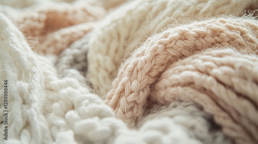 A collection of knitted fabrics in various warm pastel colors creates a cozy atmosphere. The intricate patterns evoke a sense of comfort, perfect for the autumn season A collection of knitted fabrics in various warm pastel colors creates a cozy atmosphere. The intricate patterns evoke a sense of comfort, perfect for the autumn season