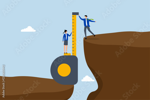 Gap analysis, business people measuring gap between cliff.