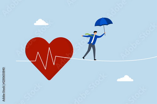 Health insurance, robust individual with an umbrella safeguard traverses perilous path with heartbeat reminiscent of tightrope walking. 