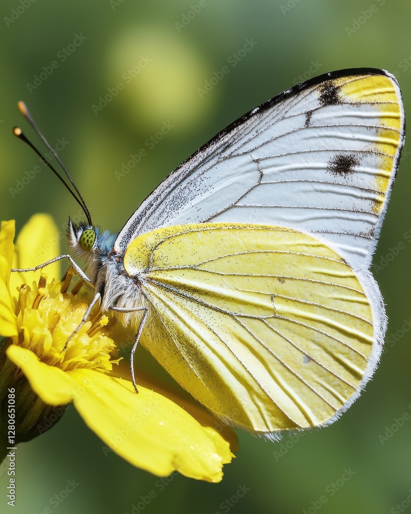 Fototapeta premium Butterfly feeding on yellow flower in lush garden macro photography close-up vibrant nature insect behavior