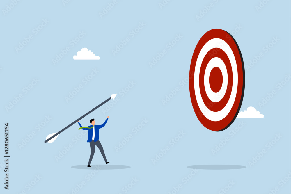 Aiming for big goal, entrepreneur launching large dart, targeting bullseye of dartboard. Aiming for big goal, entrepreneur launching large dart, targeting bullseye of dartboard.
