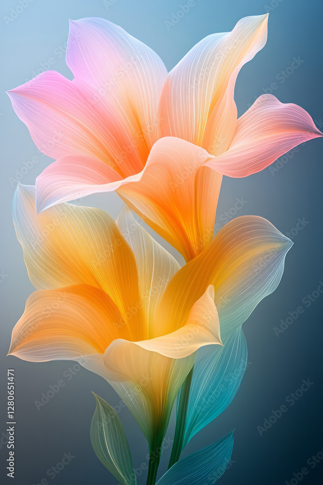 Fototapeta premium Multi-exposure effect blending gentle curves of a swirling pastel gradient with the crisp details