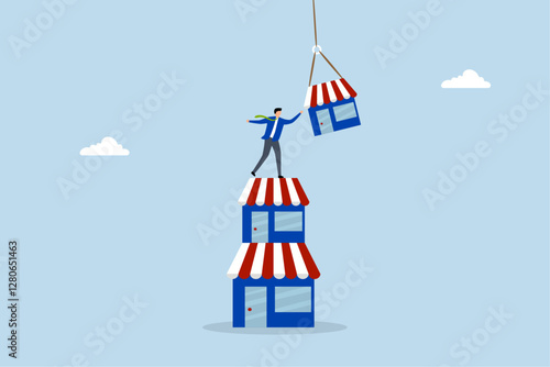 Build up business, determined entrepreneur establishes shop on peak of corporate pyramid. 