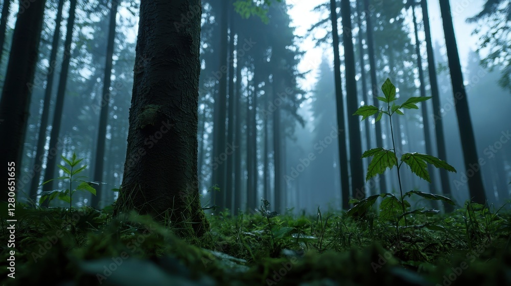 Naklejka premium A serene forest setting features towering trees shrouded in mist, with soft, green undergrowth illuminated by the early morning light. The tranquil atmosphere invites exploration