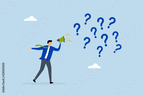 Ask questions to get answer for solving problem, businessman poses inquiries on megaphone filled with numerous question marks. 