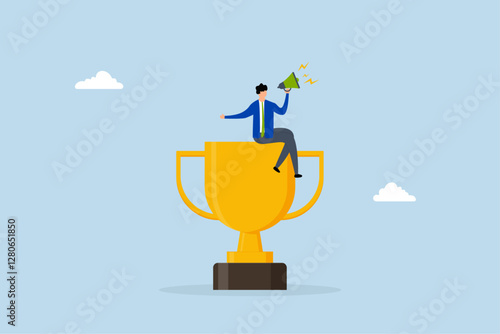 businessman telling success story with megaphone on winner trophy.