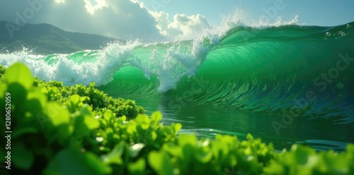 Dense Ulva green algae thicket with broken wave splash in brackish water, air bubble, laminar flow photo