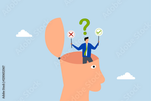 Decision making, entrepreneur in his mind determining whether choice is correct or incorrect. 
