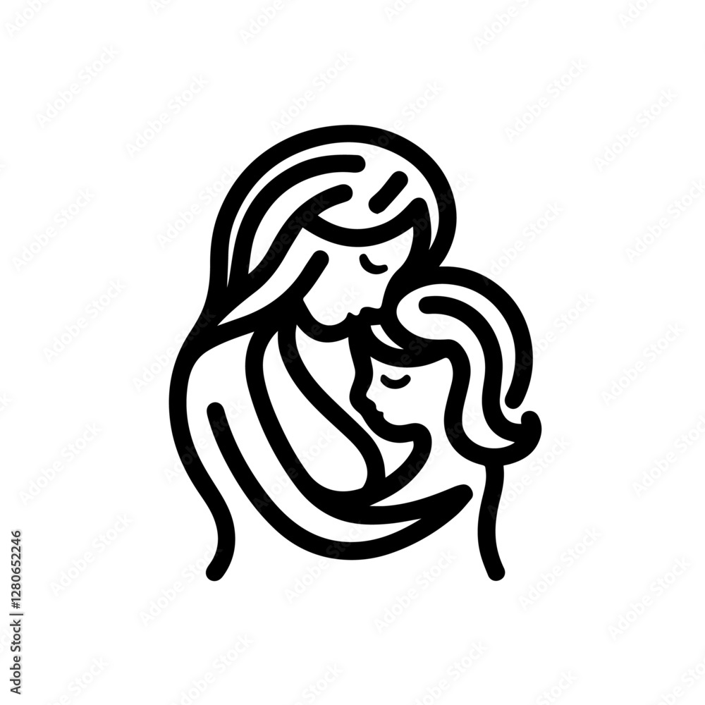 Naklejka premium Mother Holding Baby Vector Illustration in Black and White Silhouette Style