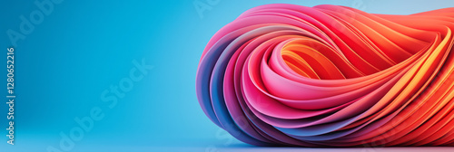 Rippled cylindrical forms tinted in bright crimson and shaded navy, swirling upward like a twisting