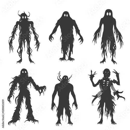 Set of ominous shadow figures isolated on transparent background