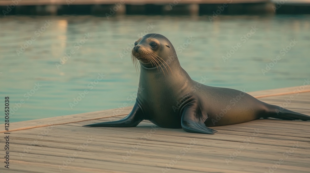 Obraz premium Seal lounging on wooden dock, basking in sunlight, serene water