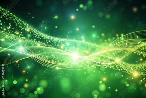 Futuristic Green Wave: Glowing Particles, Digital Network, and Abstract Technology Flow