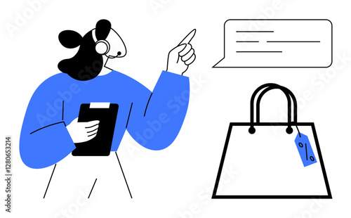 Customer service representative wearing a headset holding a clipboard, pointing to a speech bubble. Shopping bag with price tag nearby. Ideal for e-commerce, retail, customer support, communication