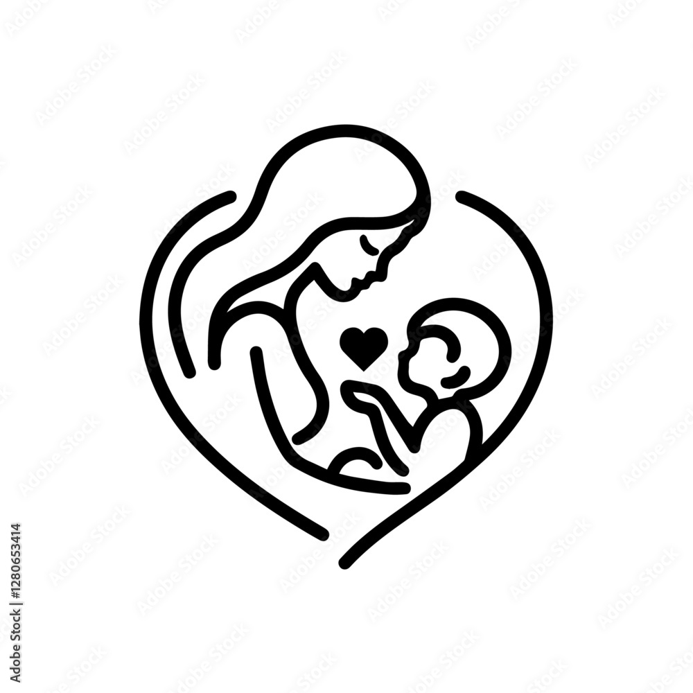 Fototapeta premium Mother Holding Baby Vector Illustration in Black and White Silhouette Style