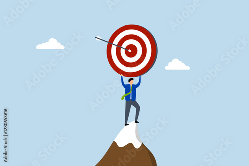 Business target, successful entrepreneur grasping large goal with arrow striking the bullseye. 