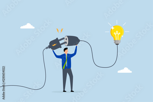 Creativity idea to get solution to solve problem, clever entrepreneur links electric socket to activate brilliant lightbulb concept. 