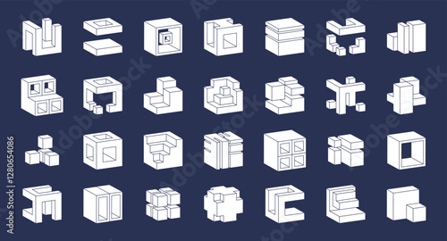 Cube logo icon. 3D isometric shapes. Geometric tech design. Graphic structure. Square block. Abstract cubic collection. Modern figure. Branding minimal symbols. Vector corporate garish logotypes set
