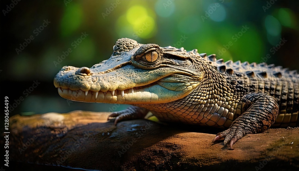 Crocodile basking on a sunlit rock in a serene natural habitat Crocodile basking on a sunlit rock in a serene natural habitat