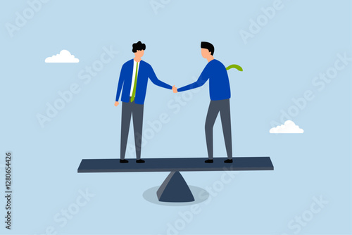 Negotiation for business winning, entrepreneur handshake with successful deal regarding equilibrium seesaw. 