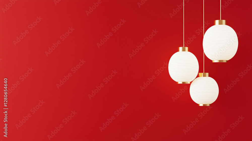 Elegant white lanterns hanging against vibrant red wall Elegant white lanterns hanging against vibrant red wall