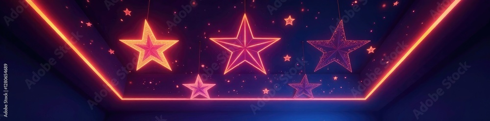 Glow-in-the-dark star shapes adorning a dark ceiling, radiant, futuristic Glow-in-the-dark star shapes adorning a dark ceiling, radiant, futuristic