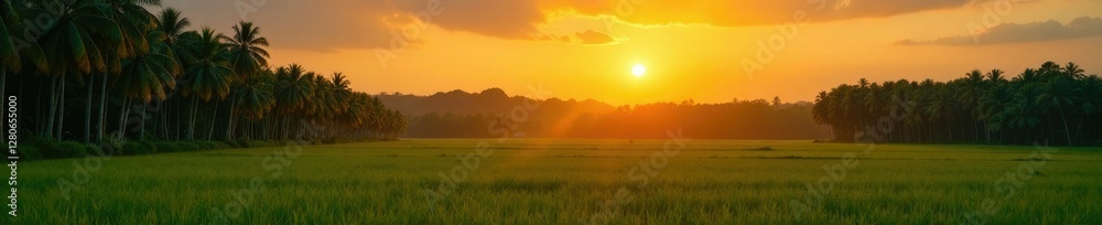 Golden sunrise on rubber tree plantation at dawn, green fields, tropical landscape, serene landscape Golden sunrise on rubber tree plantation at dawn, green fields, tropical landscape, serene landscape