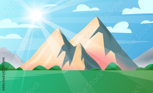 Mountain landscape. Summer nature. Sunny day. Rock peaks. Ridge scenery. Forest trees. Hiking travel. Green hills meadow. Sun beams. Sky clouds. Sunlight rays. Scenic wild panorama. Vector background
