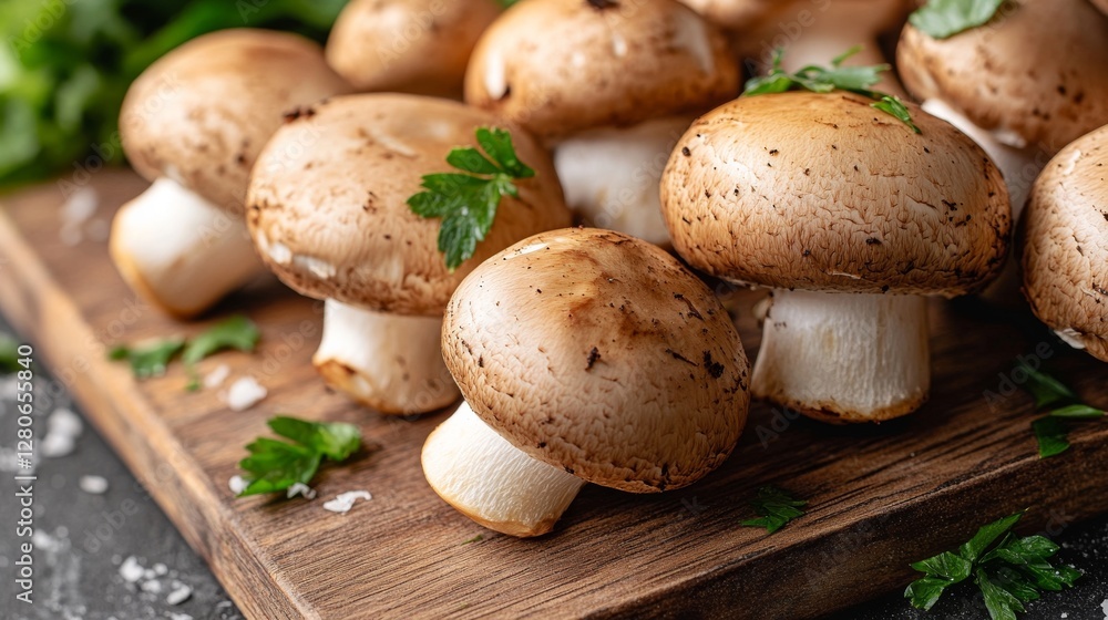 Freshly harvested brown mushrooms on a wooden cutting board with herbs and seasoning displayed for culinary use Freshly harvested brown mushrooms on a wooden cutting board with herbs and seasoning displayed for culinary use