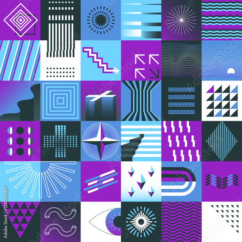 Abstract shapes. Geometric figures. Bauhaus block collage. Brutalist line symbols. Squares mosaic cover. Curve stripes pattern. Arrows and crosses. Minimalist concentric circles. Vector background