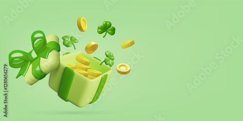 St. Patricks Day background with 3d opened green gift box shamrock and gold coins. Wealth, luck, sale and discount concept vector illustration.