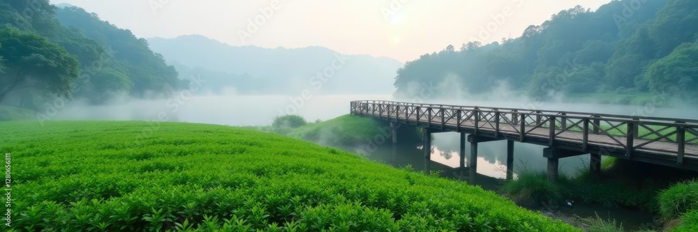 Obraz premium misty morning scene with a wooden footbridge crossing over the calm lake in a field of green tea plants, nature, morning, green tea