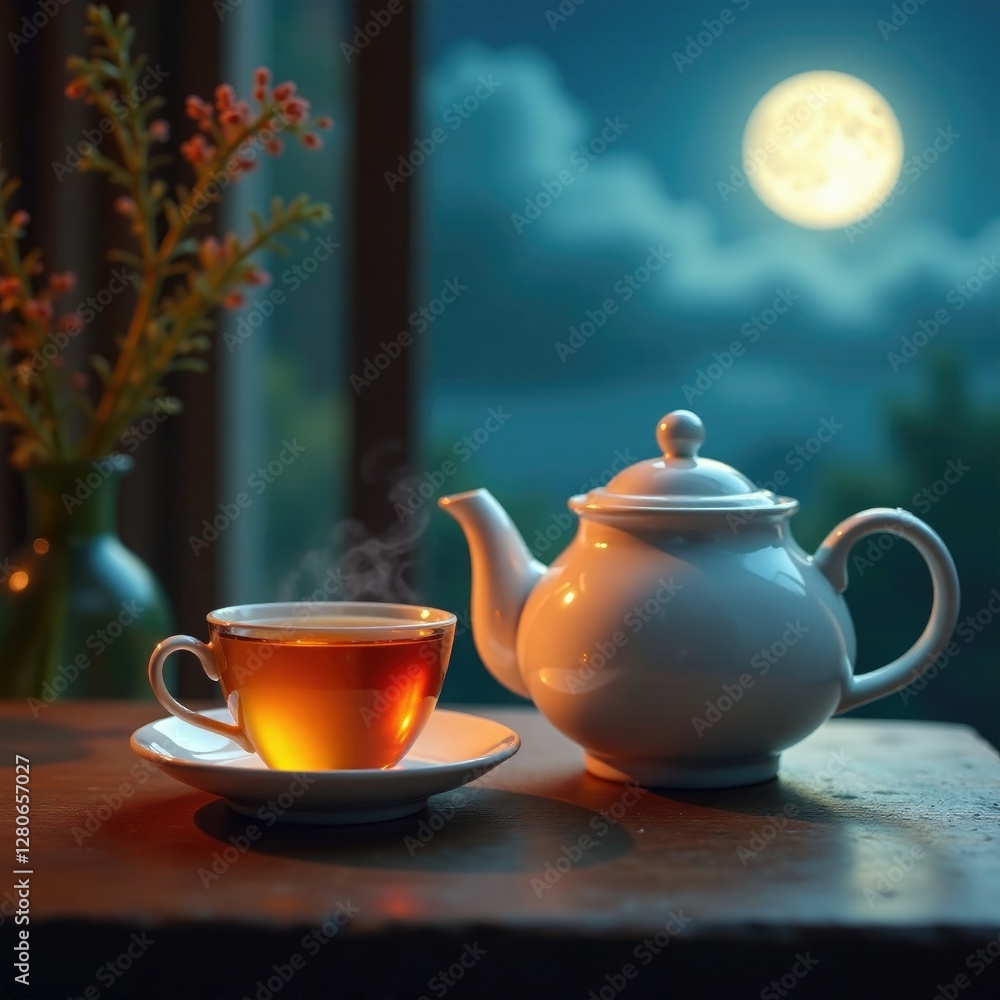 Moonlit teapot beside delicate porcelain cups, tea, elegance, sophistication Moonlit teapot beside delicate porcelain cups, tea, elegance, sophistication
