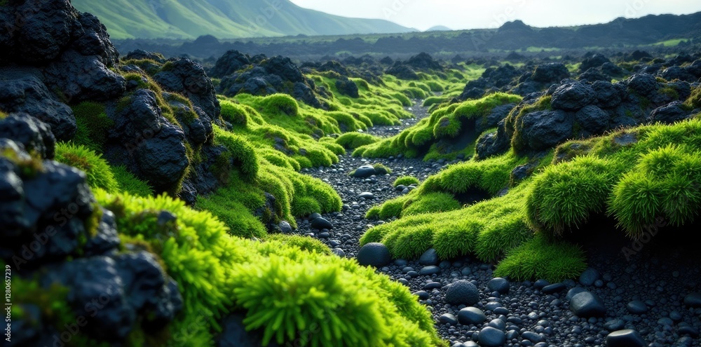 Moss covered rocks in volcanic green lava field, lava flow, geological formations, volcanic Moss covered rocks in volcanic green lava field, lava flow, geological formations, volcanic