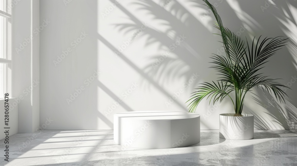 Fototapeta premium Minimal white room, cylinder podium, subtle palm leaf shadows, abstract product display setup