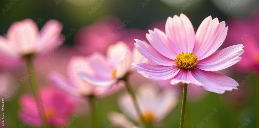 Pink and white cosmos sway gently in the wind, petals, pink flowers, garden Pink and white cosmos sway gently in the wind, petals, pink flowers, garden