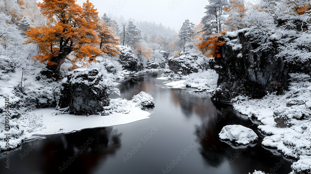 Fototapeta premium Snowy river scene, orange trees, winter landscape, tranquil nature