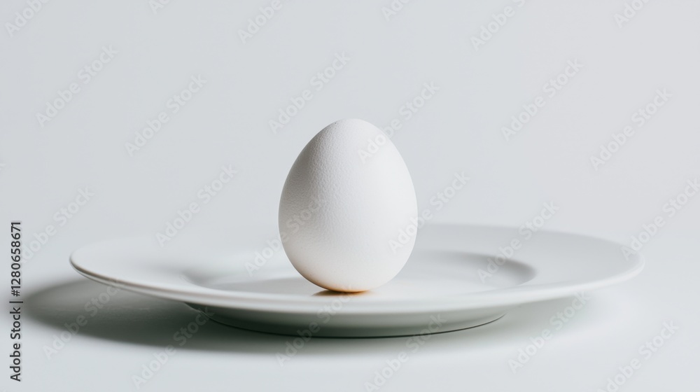 A single white egg sits upright on a smooth white plate, situated in a minimalist kitchen setting. The focus is on the egg's shape and texture, emphasizing simplicity A single white egg sits upright on a smooth white plate, situated in a minimalist kitchen setting. The focus is on the egg's shape and texture, emphasizing simplicity